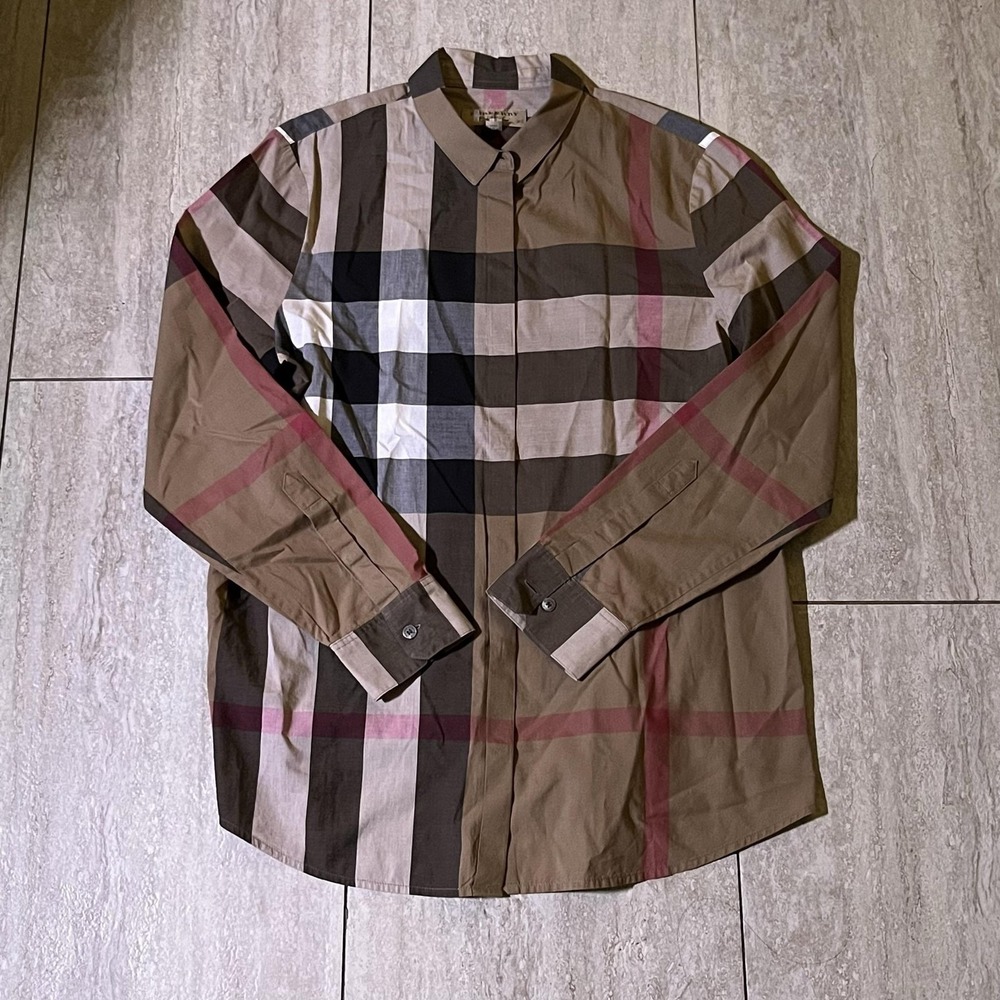 Burberry Shirt Mens Medium Beige Giant Check Button Up Long Sleeve Woven